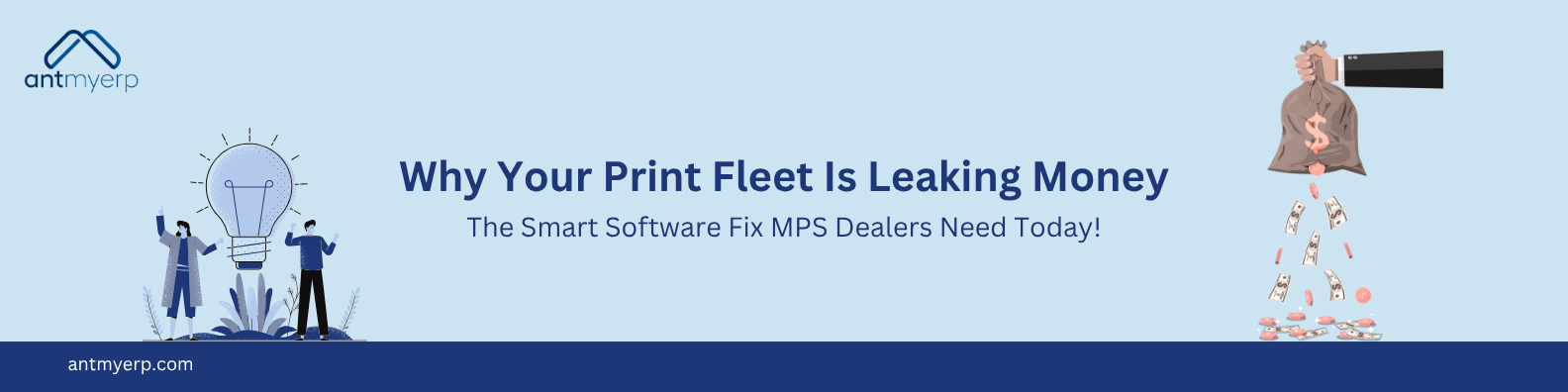 Print fleet with leaking coins and a magnifying glass highlighting cost issues.
