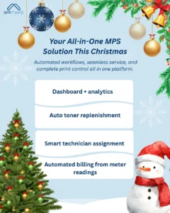 Christmas-themed advertisement by antmyerp promoting an all-in-one MPS solution, featuring a blue background adorned with Christmas decorations such as ornaments, snowflakes, and bells, along with a Christmas tree and a snowman, and highlighting features like dashboard analytics, auto toner replenishment, smart technician assignment, and automated billing.