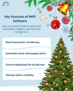 Promotional graphic for MPS (Managed Print Services) software featuring a decorated Christmas tree with ornaments, snowflakes, and festive decorations, highlighting key features: real-time printer monitoring, automatic toner and supply alerts, central dashboard, and remote admin visibility.