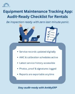 Illustration promoting equipment maintenance tracking app: Audit-Ready Checklist for Rentals, with a cartoon person celebrating beside a laptop and checklist, emphasizing audit readiness features like digital records, active schedules, accessible history, logged photos, and exportable reports.