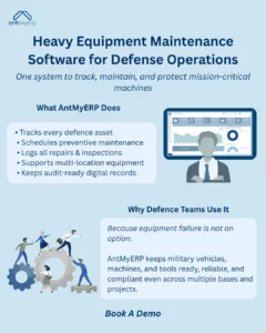 Infographic promoting heavy equipment maintenance software for defense operations, showing a dashboard on a tablet next to a man in a suit, bullet points describing software features, and cartoon illustrations of people working with gears. 