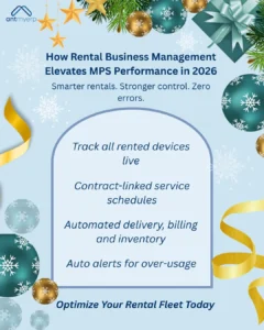 Image featuring a light blue background with festive decorations of gold stars, snowflakes, ornaments and ribbon, and text in dark blue announcing, "How Rental Business Management Elevates MPS Performance in 2026", with bullet points listing features such as, "Track all rented devices live", "Contract-linked service schedules", "Automated delivery, billing and inventory", and "Auto alerts for over-usage", promoting rental business management solutions, and "Optimize Your Rental Fleet Today".